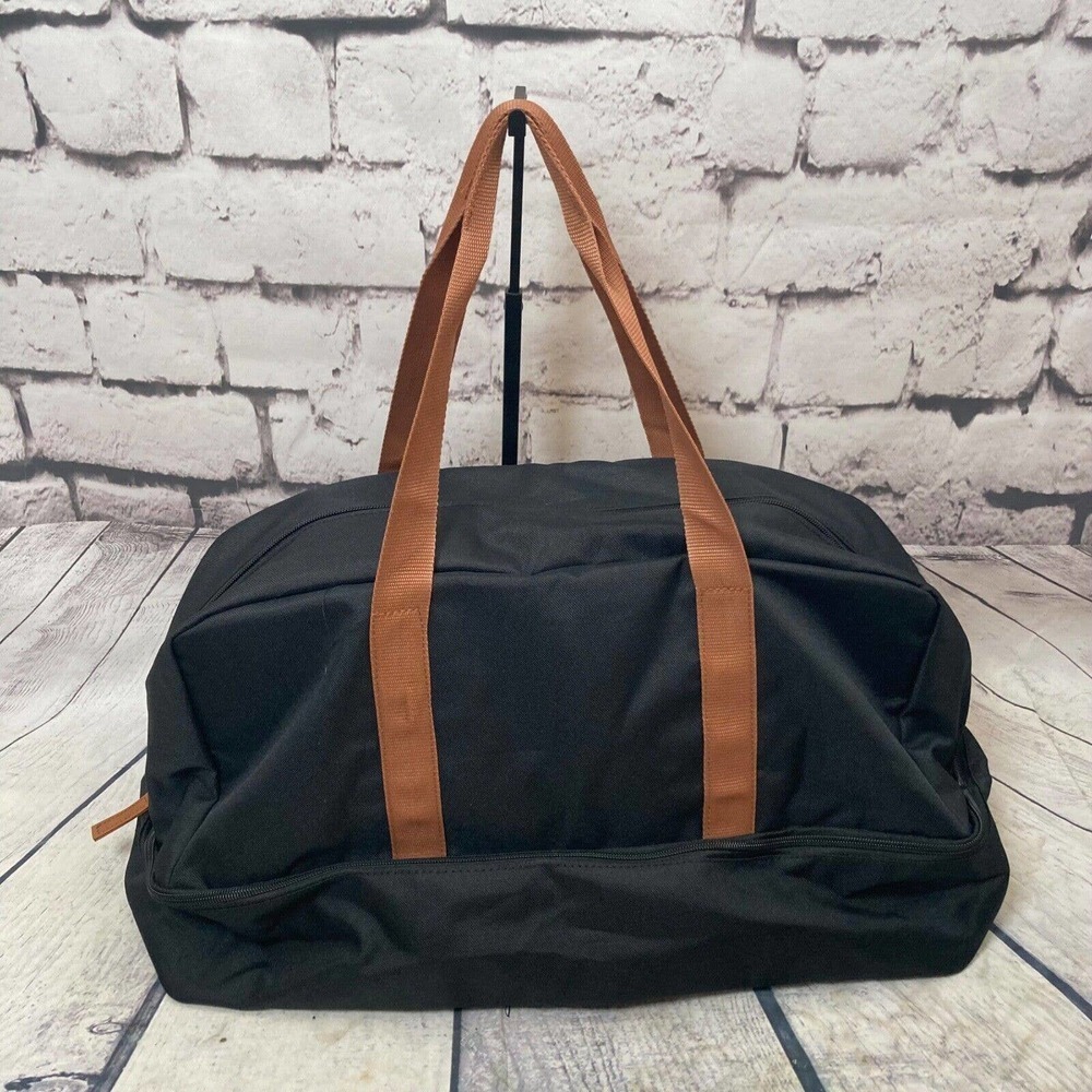 DSW Duffle‎ Black Tan Weekender Carryall Tote Bag Nylon Shoe Compartment Gym